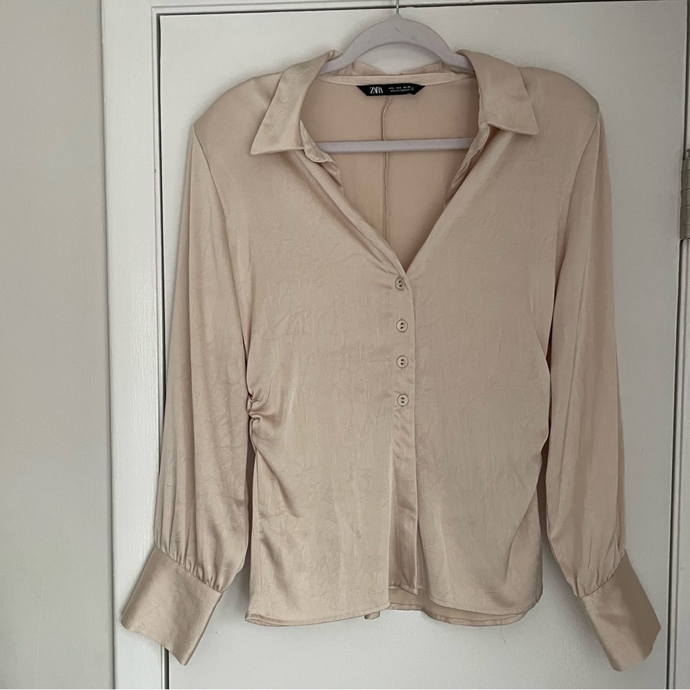 Zara Shoulder Pad Satin Effect Button Down Shirt - Picture 2 of 5